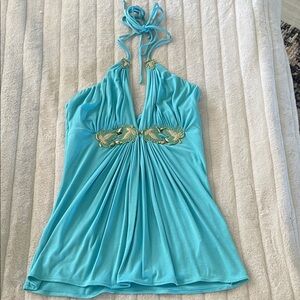 Sky Turquoise Halter Top with Gold Embroidery